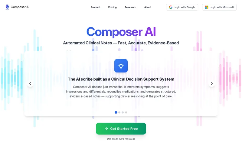 Homepage of the Composer AI public website showing the Composer AI wordmark and tagline, a feature carousel describing the AI scribe, sign-in buttons and a Get Started Free button