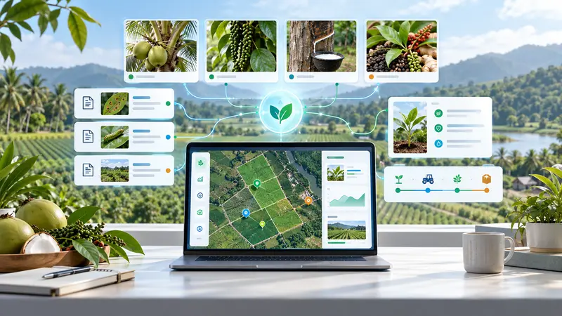 Illustration of NilamAI: crop cards, source panels and field decision support