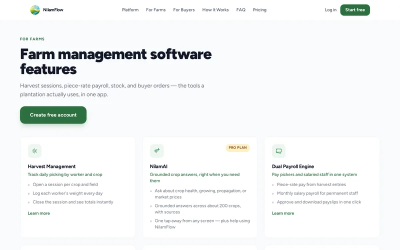 NilamFlow features page: harvest management, NilamAI, dual payroll engine, inventory and sales, profit tracking and live market prices