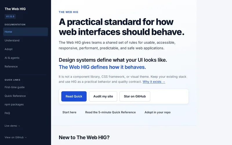 The Web HIG documentation home page: a practical standard for how web interfaces should behave